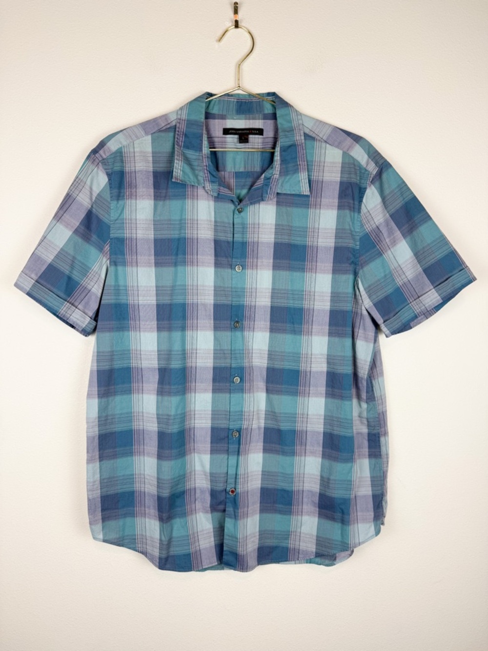 John Varvatos Star USA Blue Plaid Short Sleeve Button Up Shirt Size Large